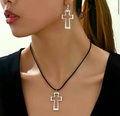 Black Leather Cross Silver Necklace and earrings (2 piece set)