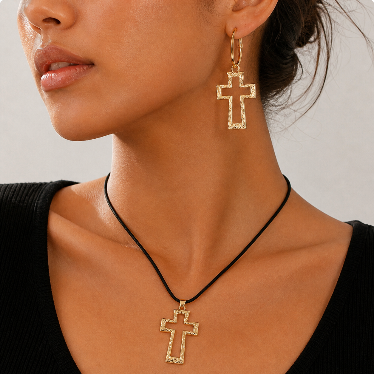 Black Leather Cross Gold Necklace and earrings (2 piece set)