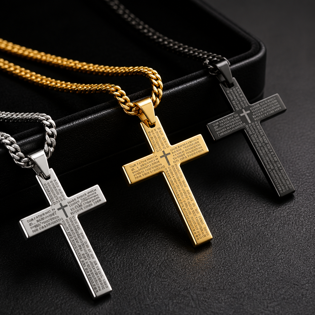 Men's Cross with the Lord's Prayer Silver or Gold