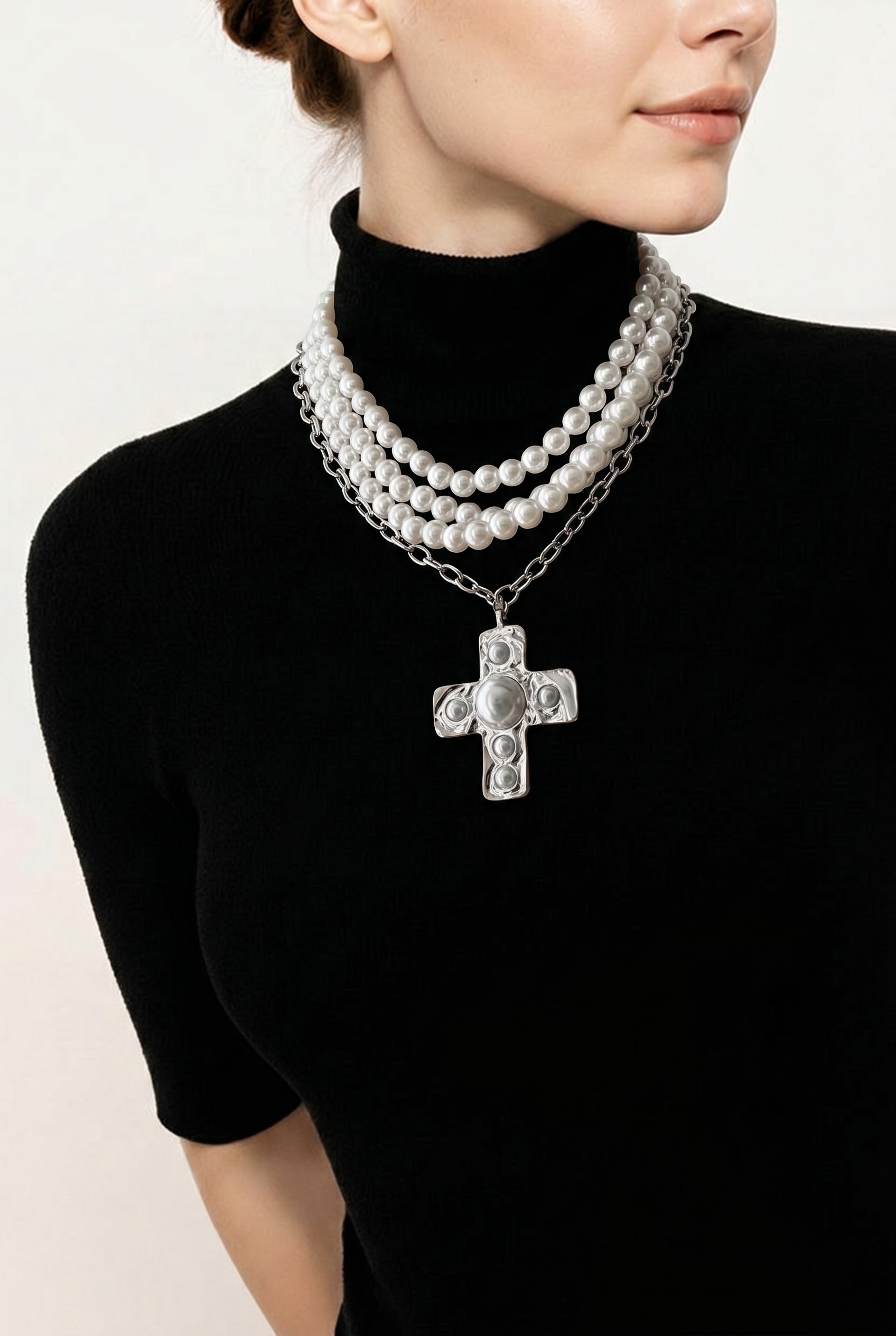 Pearl Cross Silver Necklace